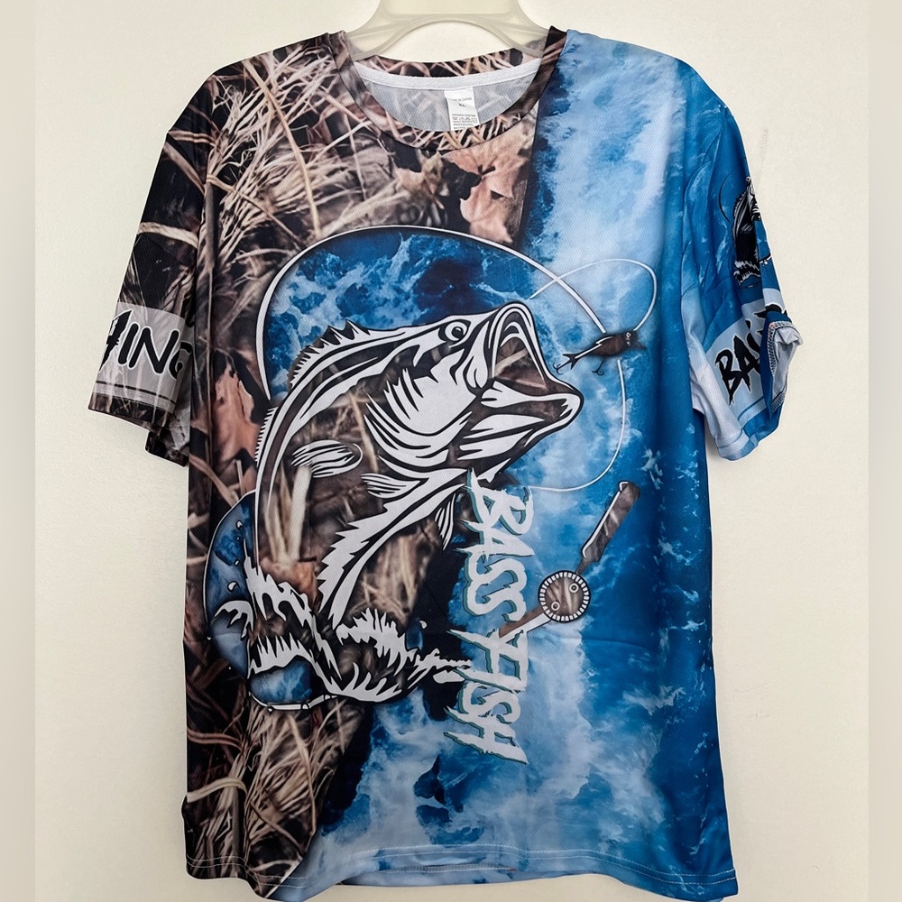 Big tall Bass print men’s XL, 100% Poly shirt. P2P 24”, hem 46” length 29”,
